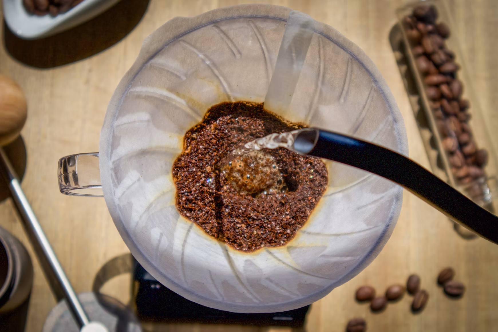 Fresh coffee being brewed with a pour-over
